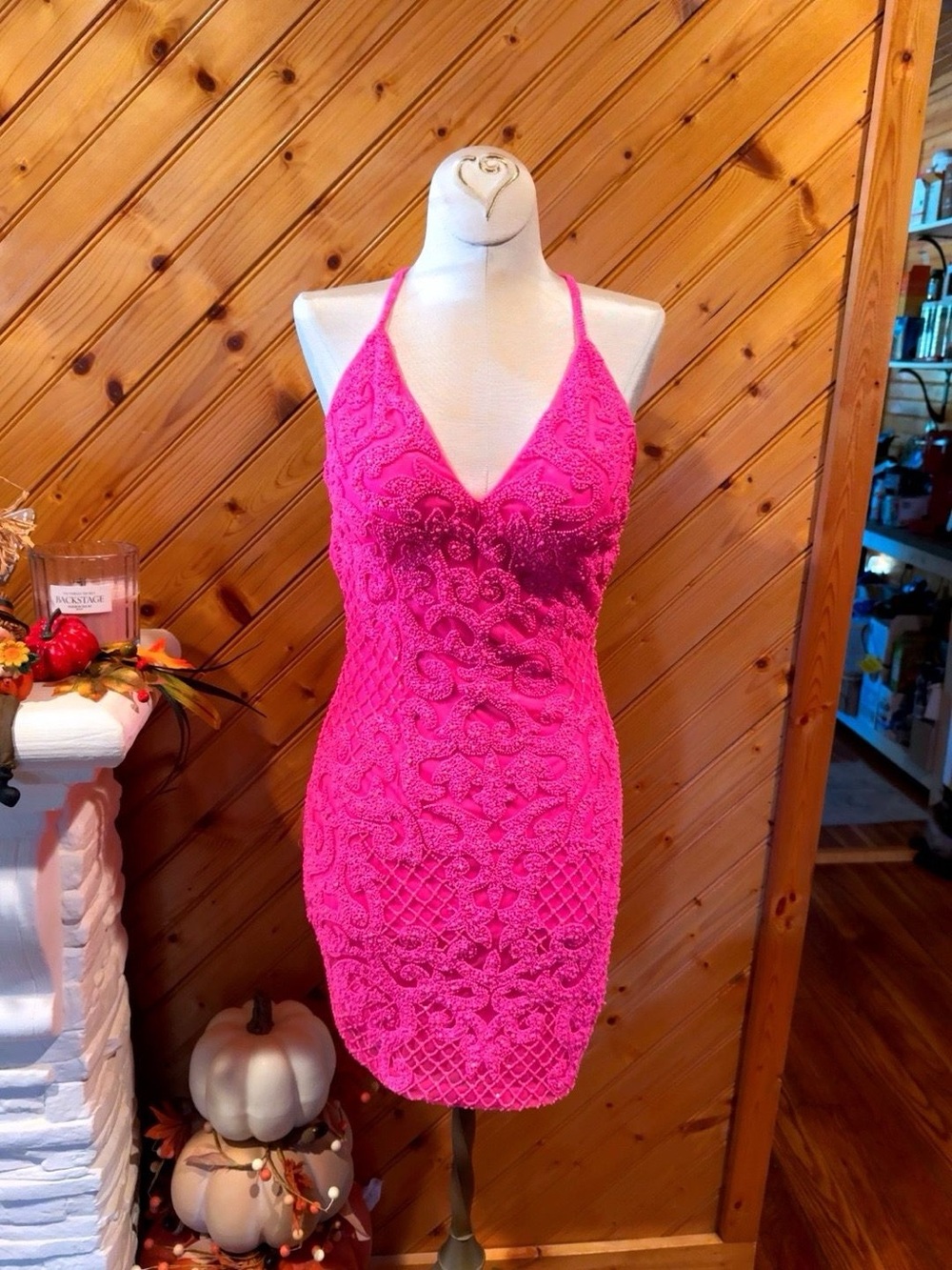 Prima Vera Size 2 Hot Pink Fully Beaded Halter Open Back Mini Dress